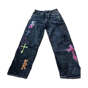 Ninth Hall Ambush Crosses Black Wash Loose Fit Jeans Embroidered Size 32 Art